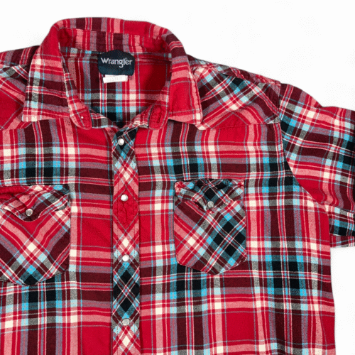 Vintage Wrangler Western Shirt Adult XXL Red Blue Plaid Flannel Pearl Snap Y2K