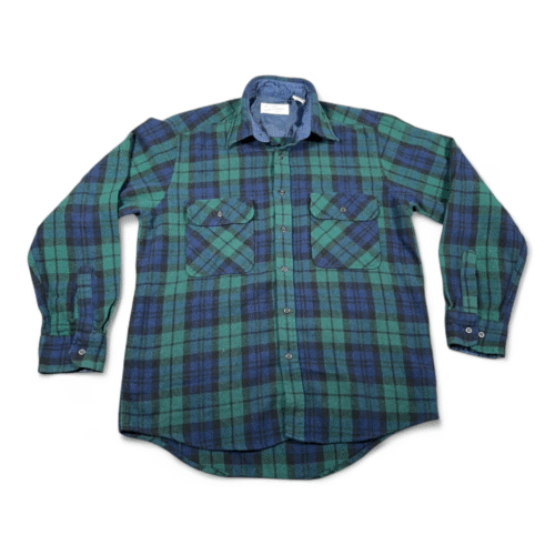 Vintage Sears Roebuck Shirt Adult MEDIUM Blue Green Flannel Black Watch Wool 80s
