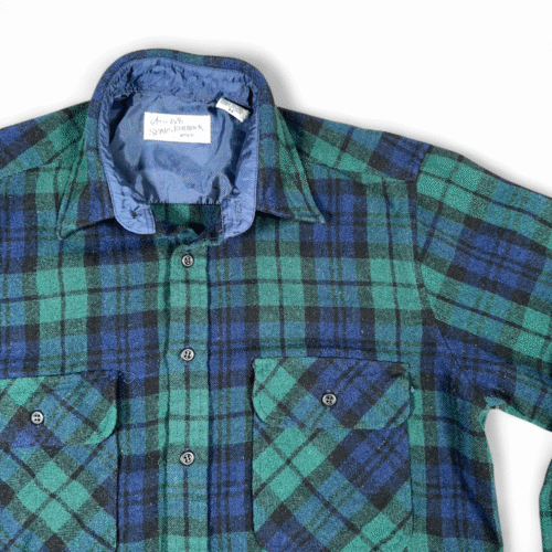 Vintage Sears Roebuck Shirt Adult MEDIUM Blue Green Flannel Black Watch Wool 80s