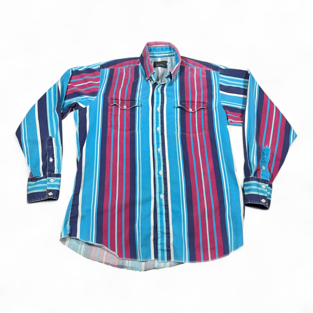 Vintage Panhandle Slim Western Shirt Adult LARGE Blue Pink Striped USA 90s