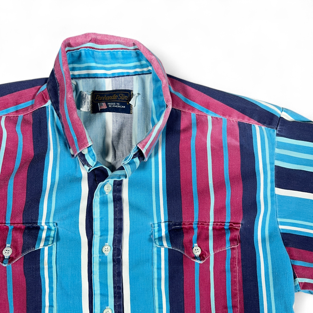 Vintage Panhandle Slim Western Shirt Adult LARGE Blue Pink Striped USA 90s