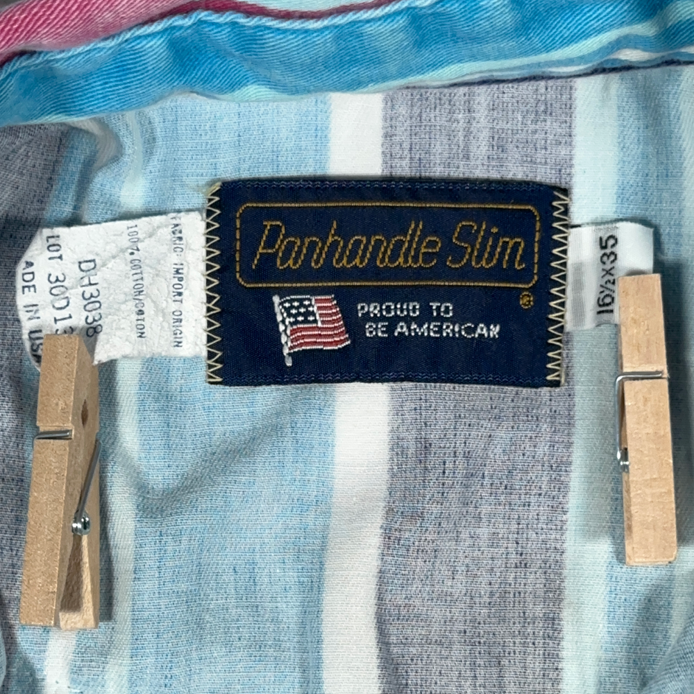 Vintage Panhandle Slim Western Shirt Adult LARGE Blue Pink Striped USA 90s