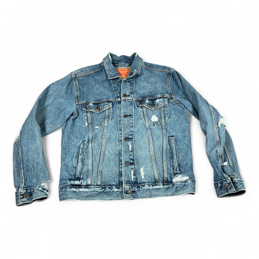 Levis Jean Jacket Adult MEDIUM Blue Cotton Denim Medium Wash Trucker Distressed-1 Levis Jean Jacket Adult MEDIUM Blue Cotton Denim Medium Wash Trucker Distressed