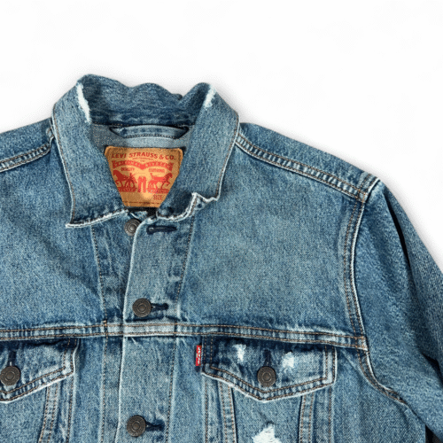 Levis Jean Jacket Adult MEDIUM Blue Cotton Denim Medium Wash Trucker Distressed