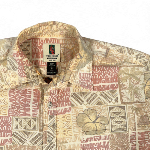 Vintage Tori Richard Shirt Adult MEDIUM Brown Hawaiian Tapa Print Tribal USA Y2K