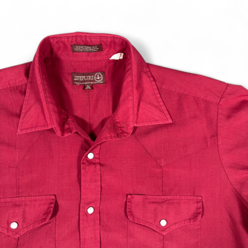 Vintage Sheplers Western Shirt Adult LARGE Red Pearl Snap Cowboy Rodeo 90s