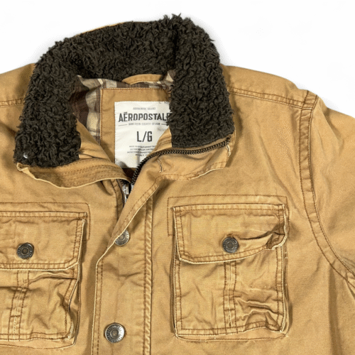 Aeropostale Jacket Adult LARGE Brown Sherpa Lined Trucker Canvas Plaid Lined Y2K