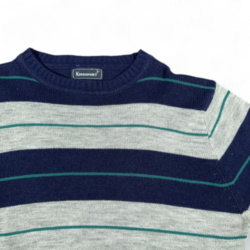 Vintage Kingsport Sweater Adult MEDIUM Blue Gray Striped Knit Sears Preppy 80s