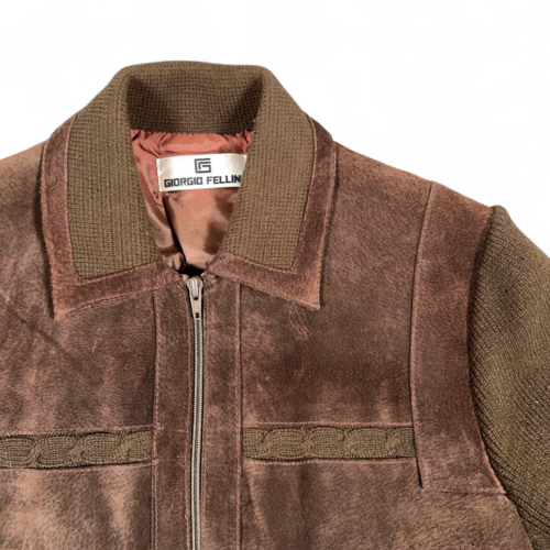 Vintage Giorgio Fellini Jacket Adult SMALL Brown Suede Knit Bomber Leather 80s