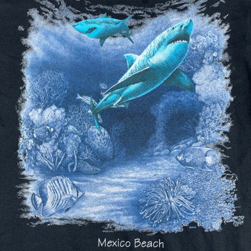 Vintage Sharks Shirt Adult EXTRA LARGE Black Mexico Beach Ocean USA Made Y2K