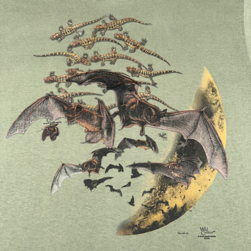 Vintage Bat Shirt Adult EXTRA LARGE Green Lizard Moon Nature USA Made Art Y2K