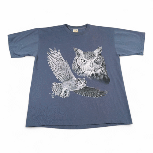 Vintage Owl Shirt Adult EXTRA LARGE Blue Nature Art Double Sided USA Made 90s