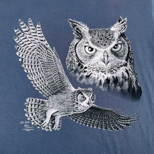 Vintage Owl Shirt Adult EXTRA LARGE Blue Nature Art Double Sided USA Made 90s