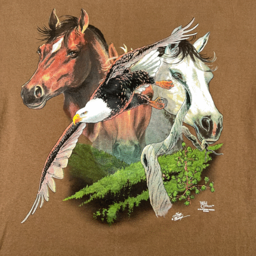 Vintage Horses Shirt Adult EXTRA LARGE Brown Eagle Nature Art USA Made Y2K