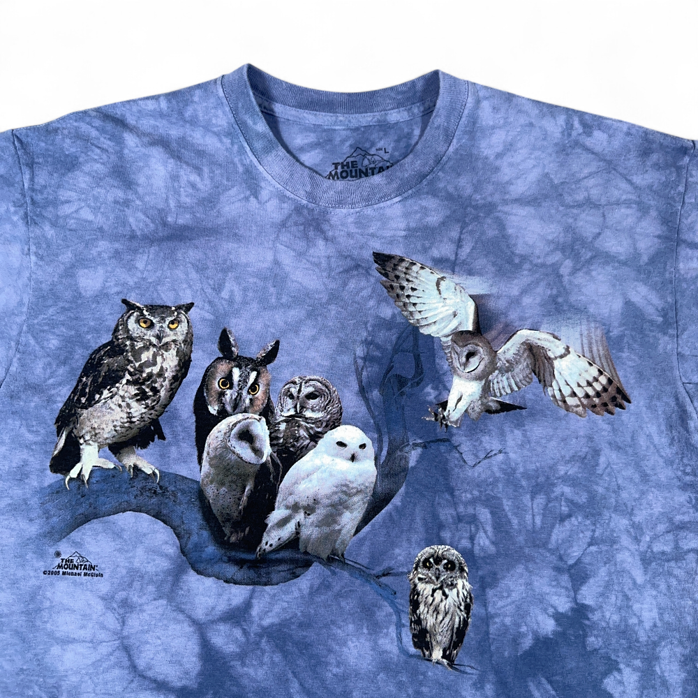 Owls Shirt Adult LARGE Blue Tie Dye The Mountain Nature Art Birds Animals-2 Owls Shirt Adult LARGE Blue Tie Dye The Mountain Nature Art Birds Animals