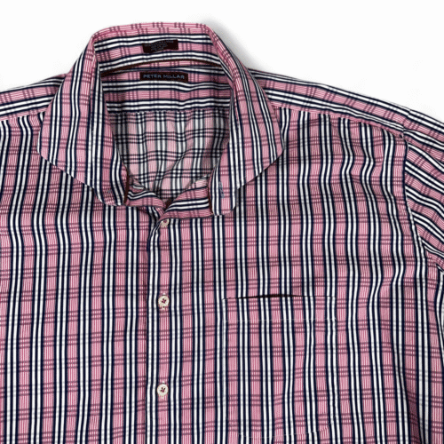 Peter Millar Shirt Adult 2XL XXL Pink Blue White Plaid Button Up Designer