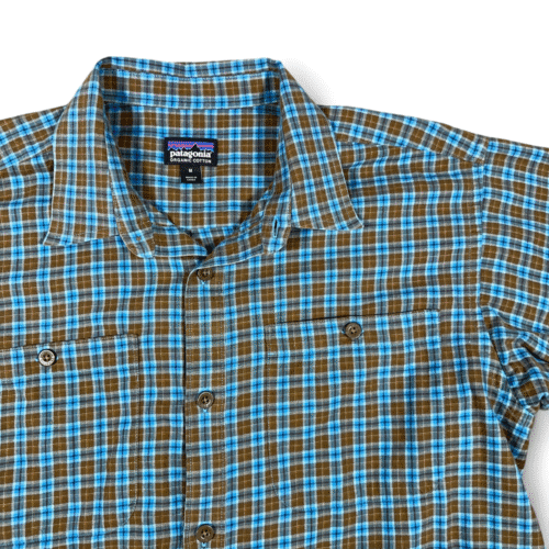 Patagonia Shirt Adult MEDIUM Blue Green Plaid Flannel Organic Cotton Outdoor