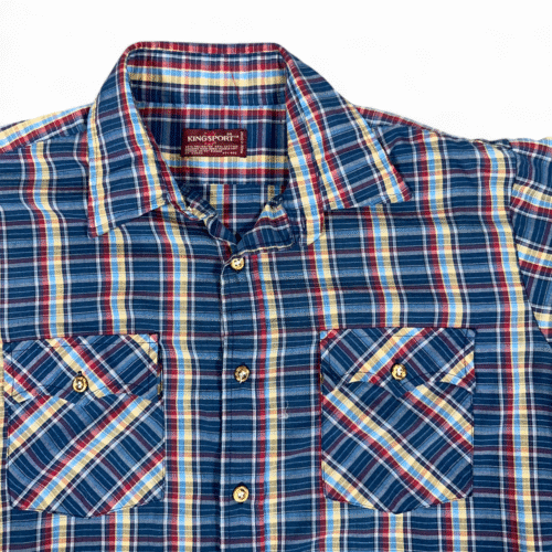 Vintage Kingsport Shirt Adult MEDIUM Blue Plaid Rainbow Sears Button Down 80s