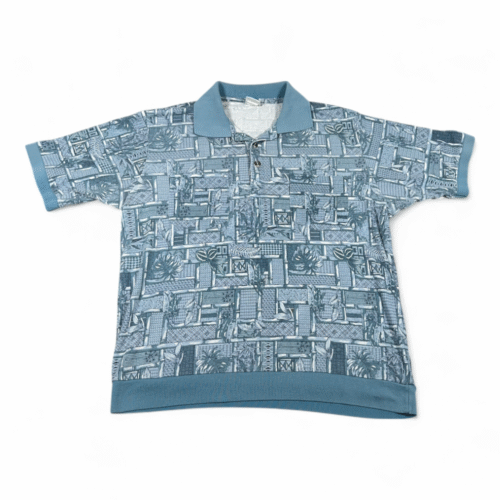 Vintage Haband Polo Shirt Adult LARGE Blue Bamboo Geometric Leaves Banded 90s