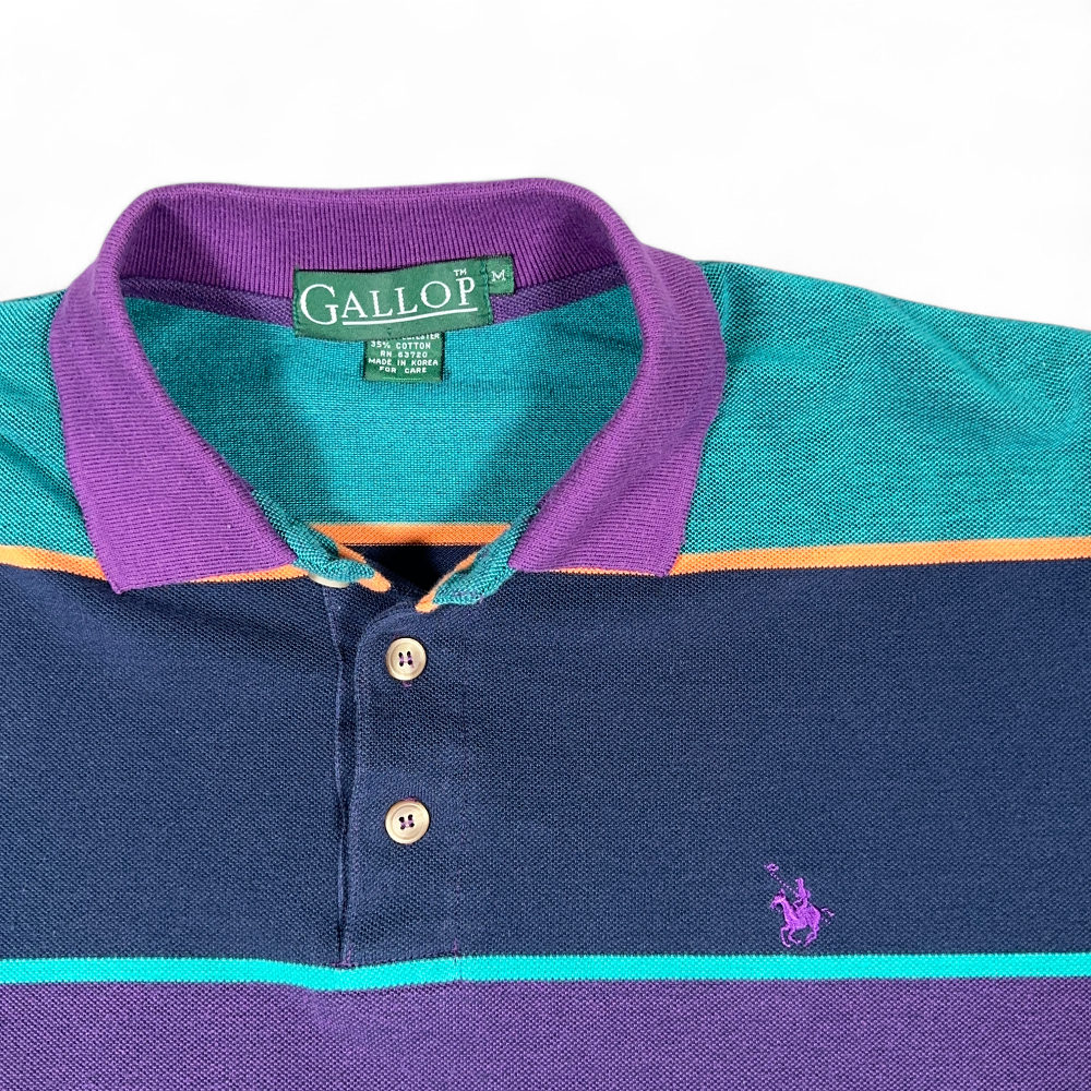 Vintage Rugby Polo Shirt Adult MEDIUM Purple Green Colorblock Stripes Preppy 90s