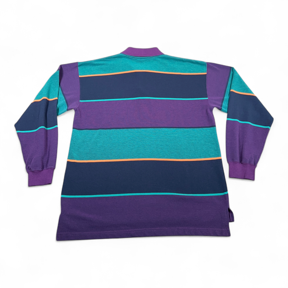 Vintage Rugby Polo Shirt Adult MEDIUM Purple Green Colorblock Stripes Preppy 90s