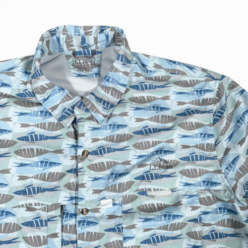 LL Bean Fishing Shirt Adult 2XL Blue Fish Print Allover Outdoor Angler Nylon