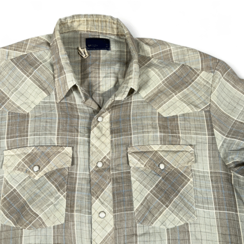 Vintage Wrangler Western Shirt Adult LARGE Brown Plaid Pearl Snap Cowboy USA 70s