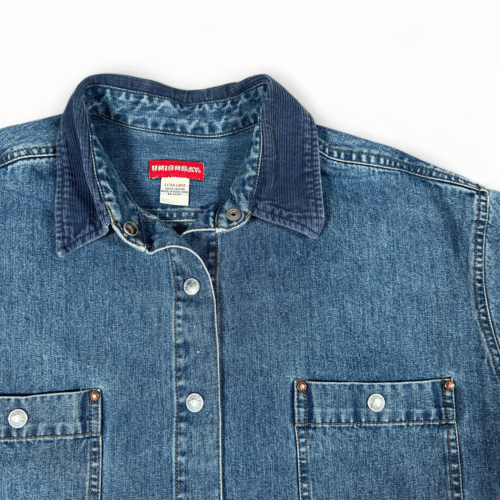 Vintage Unionbay Shirt Adult EXTRA LARGE Blue Denim Snap Corduroy Collar 90s