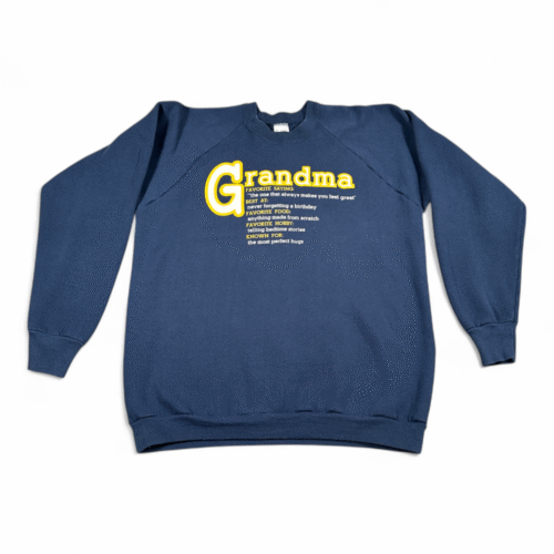 Vintage Grandma Sweater Adult LARGE Blue Quote Raglan Crew Neck USA Made 90s