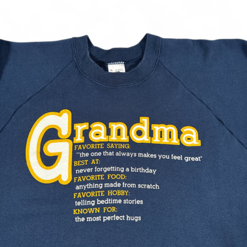Vintage Grandma Sweater Adult LARGE Blue Quote Raglan Crew Neck USA Made 90s