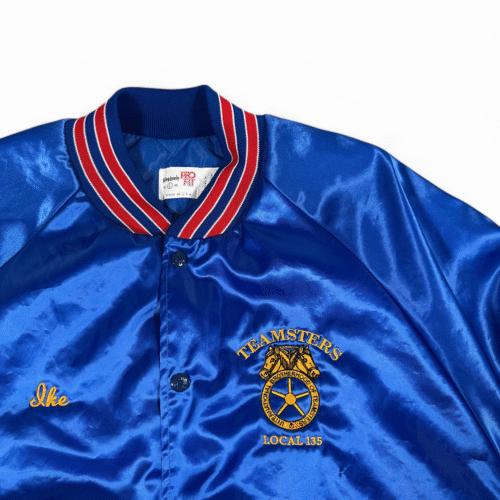 Vintage Teamsters Jacket Adult LARGE Blue King Louie Satin Bomber Union Made 80s