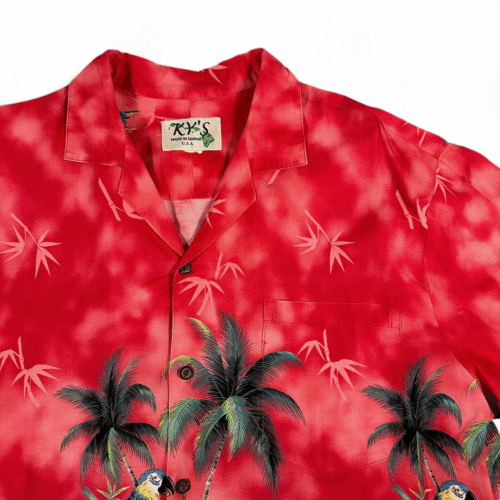 Vintage Kys Hawaiian Shirt Adult LARGE Red Aloha Tropical Parrot Palm Tree 80s