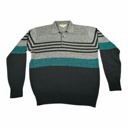 Vintage Colorblock Polo Shirt Adult LARGE Gray Aka Bay Striped Knit Retro 80s