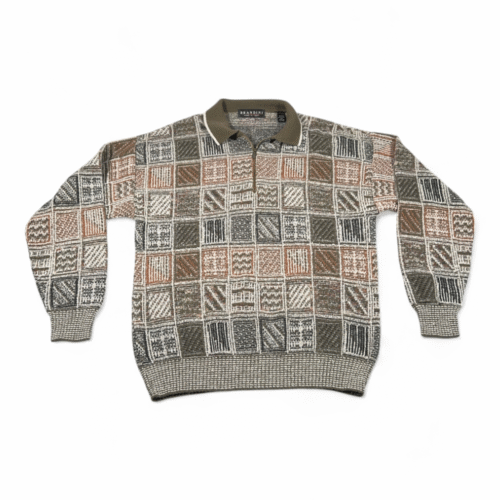 Vintage Brandini Sweater Adult MEDIUM Brown Italian Geometric Knit Polo 90s