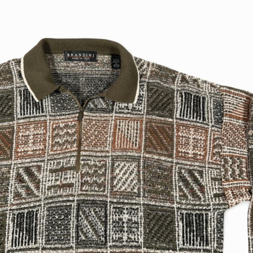 Vintage Brandini Sweater Adult MEDIUM Brown Italian Geometric Knit Polo 90s