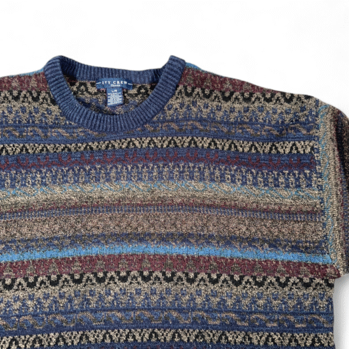 Vintage Ivy Crew Sweater Adult LARGE Blue Geometric Fair Isle Knit Dad 90s