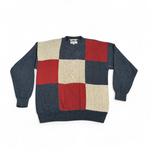Vintage Patchwork Sweater Adult LARGE Blue Red Color Block Cable Knit Preppy 90s