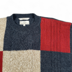 Vintage Patchwork Sweater Adult LARGE Blue Red Color Block Cable Knit Preppy 90s
