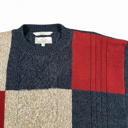 Vintage Patchwork Sweater Adult LARGE Blue Red Color Block Cable Knit Preppy 90s