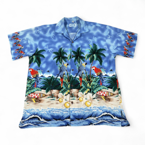 Vintage Hawaiian Shirt Adult LARGE Blue Go Hawaii Aloha Parrot Beach Surf 80s