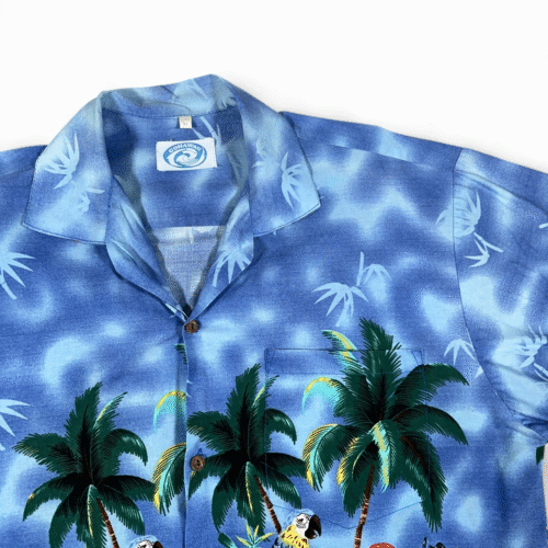 Vintage Hawaiian Shirt Adult LARGE Blue Go Hawaii Aloha Parrot Beach Surf 80s