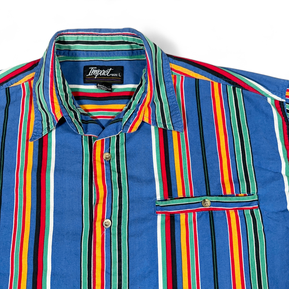 Vintage Impact Shirt Adult LARGE Blue Green Striped Rainbow Colorful Preppy 90s-2 Vintage Impact Shirt Adult LARGE Blue Green Striped Rainbow Colorful Preppy 90s