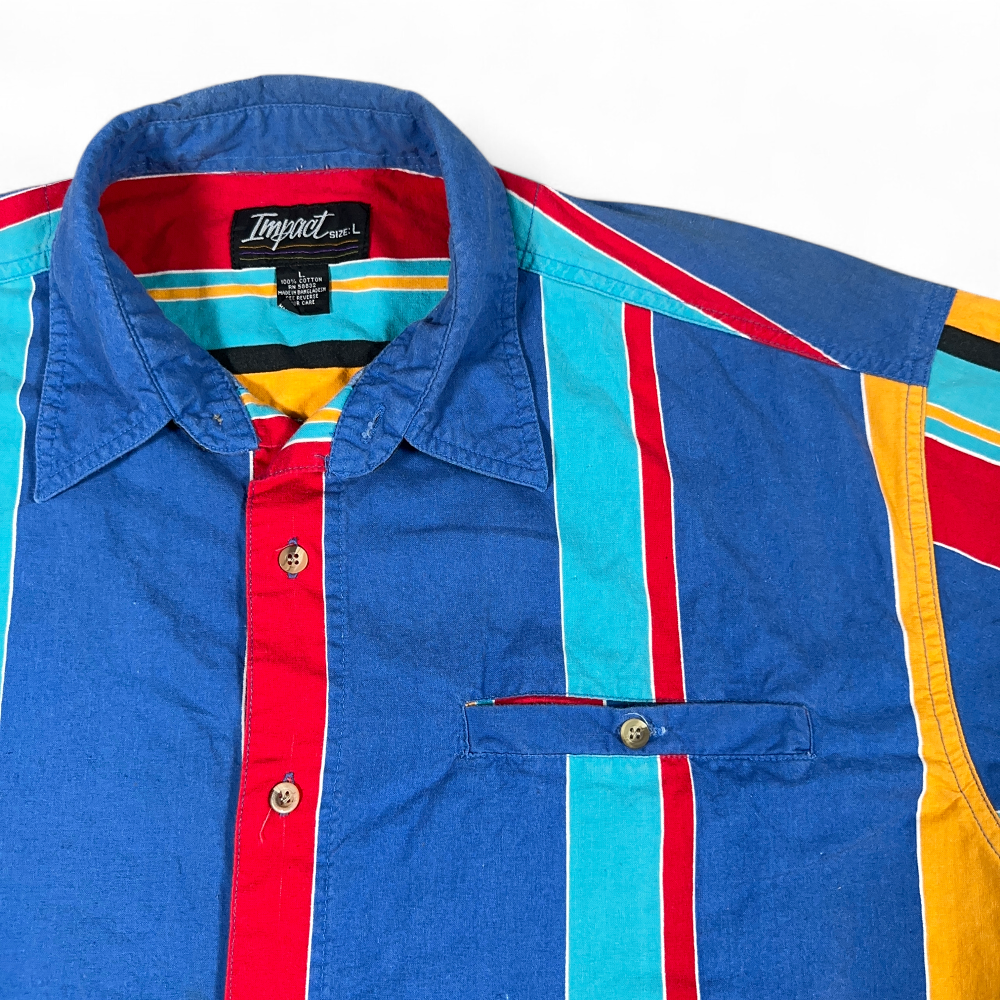 Vintage Impact Shirt Adult LARGE Blue Striped Rainbow Colorful Preppy Retro 90s