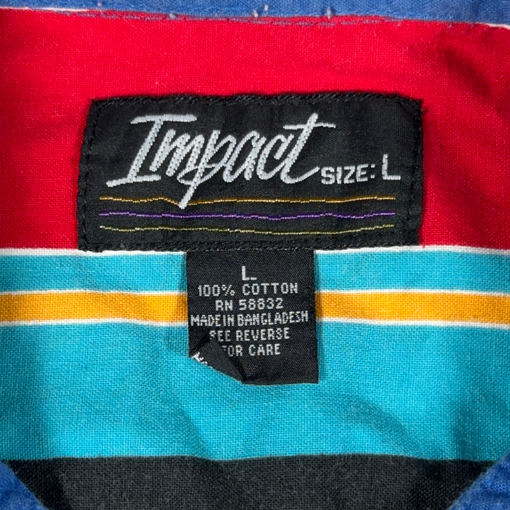 Vintage Impact Shirt Adult LARGE Blue Striped Rainbow Colorful Preppy Retro 90s