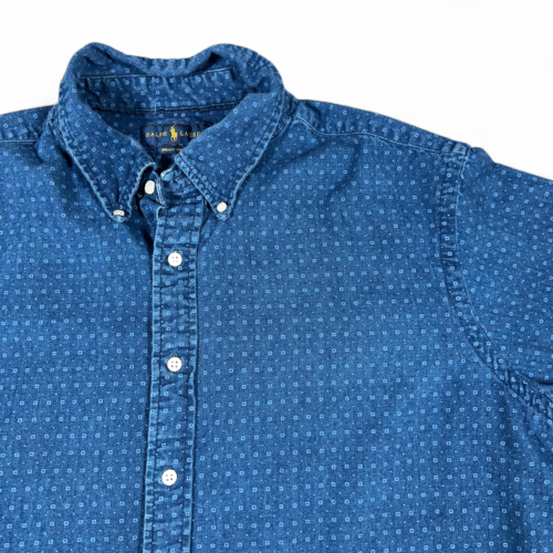 Ralph Lauren Shirt Adult 2XL Blue Indigo Oxford Chambray Dark Geometric Preppy