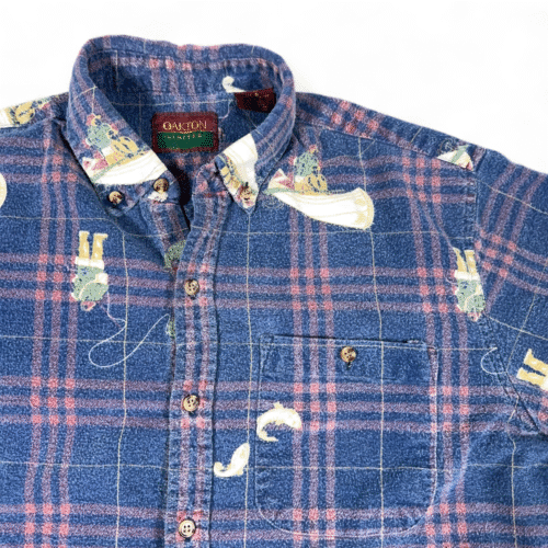 Vintage Fly Fishing Shirt Adult LARGE Blue Flannel Plaid Oakton Limited 80s