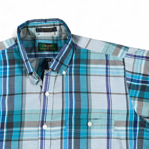 Vintage Alexander Julian Colours Shirt Adult LARGE Blue Plaid Madras Preppy 90s