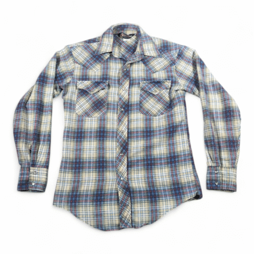 Vintage Dude Western Shirt Adult SMALL Blue Yukon Plaid Flannel Pearl Snap 70s