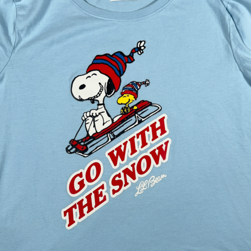 LL Bean X Peanuts Shirt Womens LARGE Blue Snoopy Woodstock Winter Sled Fun Snow
