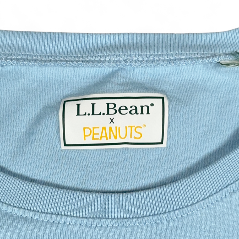 LL Bean X Peanuts Shirt Womens LARGE Blue Snoopy Woodstock Winter Sled Fun Snow